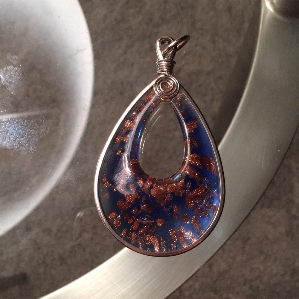 Huge Blue Bronze Glass Teardrop Necklace‎